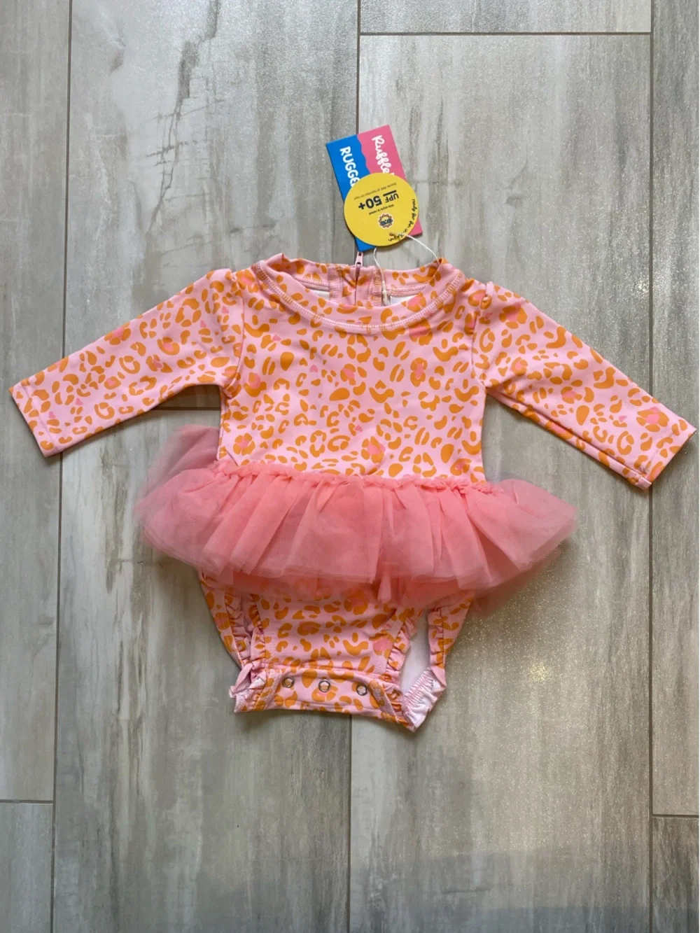 NWT RuffleButts Colorful Leopard Print Tulle Skirt Rashguard Swimsuit girls 3-6M